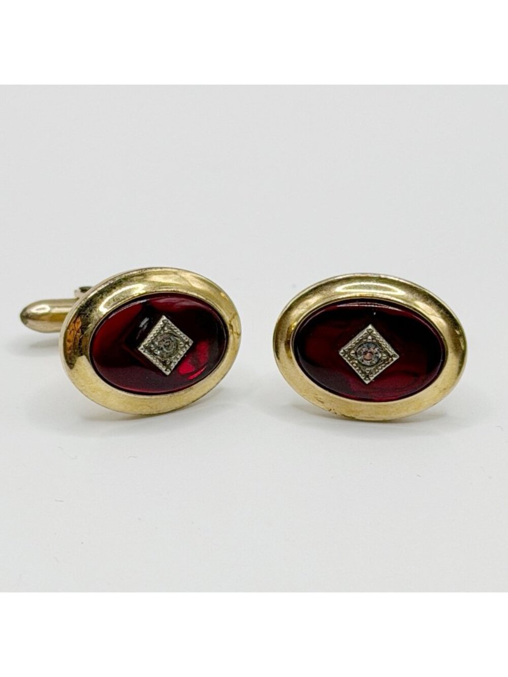 Correct Quality Ruby Red Cabochon & Rhinestone Cufflinks Gold Tone